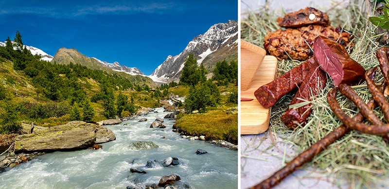 Urtümlich und wild: das Lötschental im Wallis. Rechts: Lammfleisch-Spezialitäten von Dani Ritler.