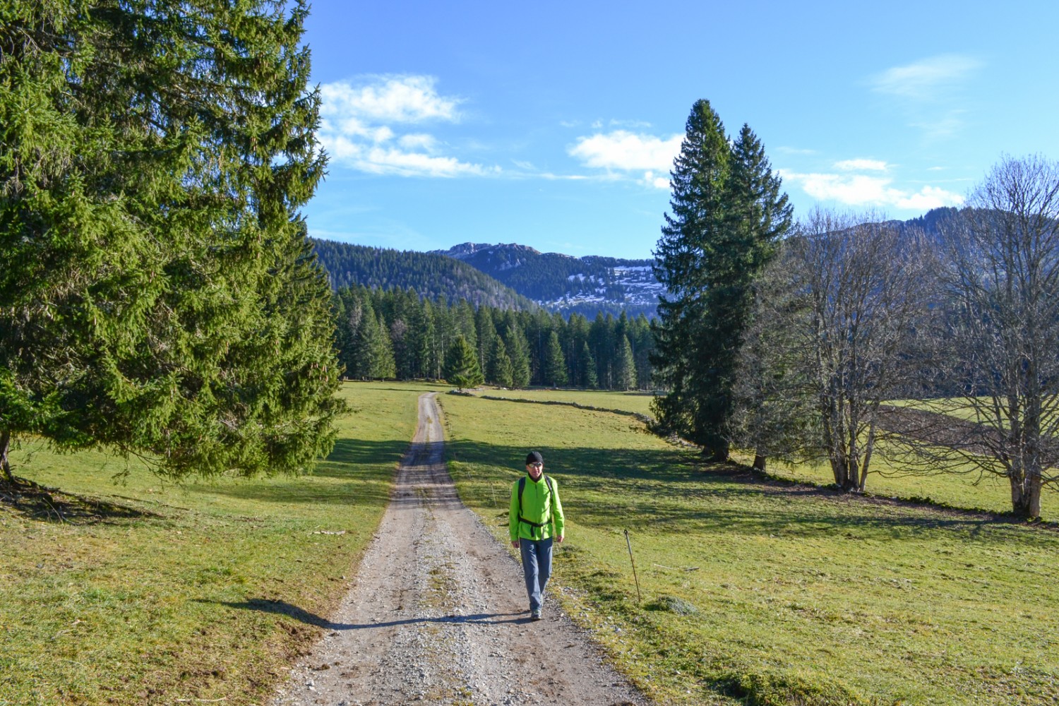 Auf dem Weg zurück nach St-Olivier. Im Hintergrund sind die Felsen des Chasseron sichtbar. Bild: Sabine Joss