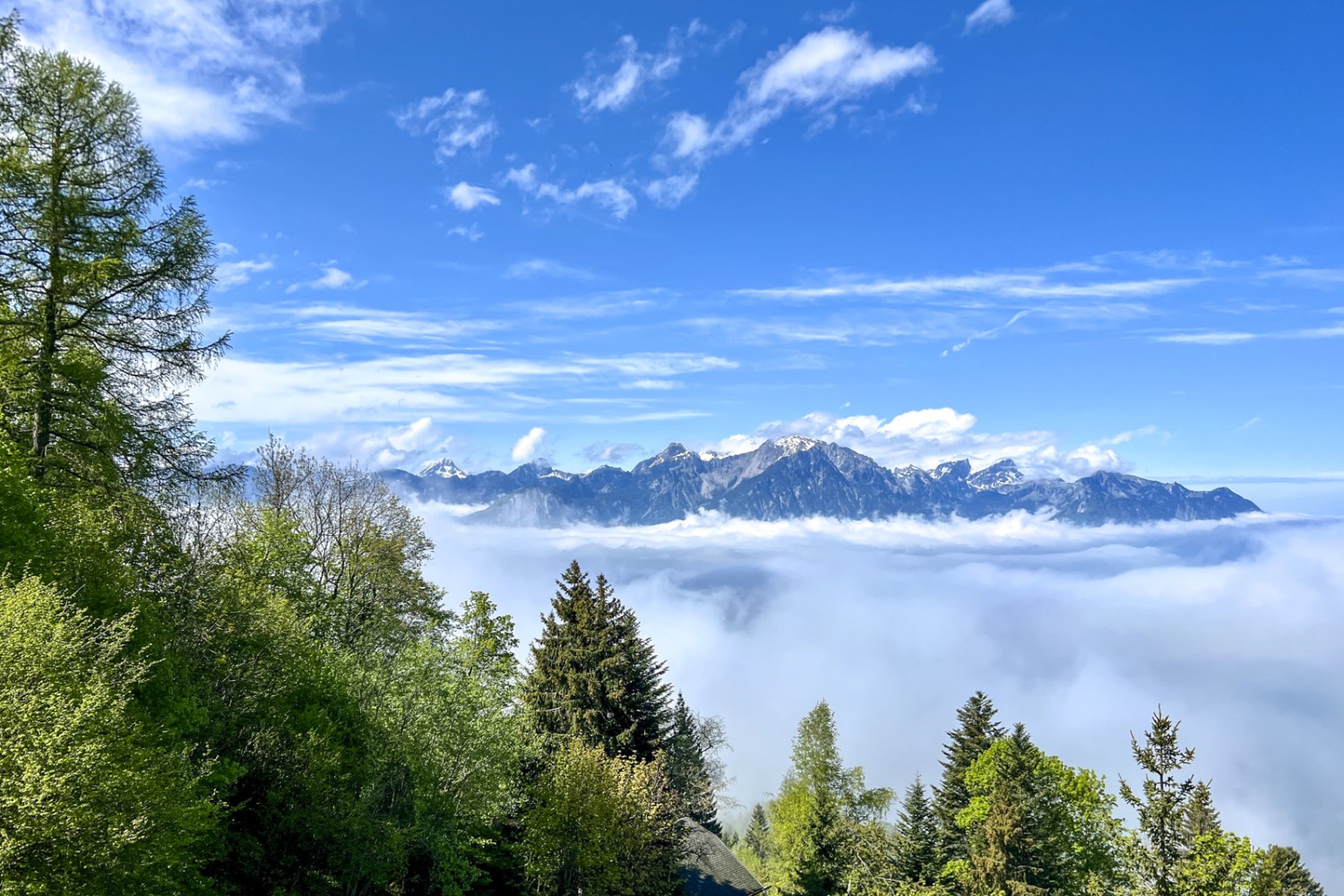 Von der Auberge de Sonchaux aus geniesst man eine herrliche Aussicht. Bild: Pascal Bourquin