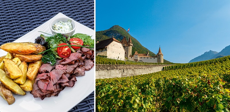 Roastbeef, die Hauspezialität im Caveau du Cloître; rechts das Château d'Aigle, das über ein sehenswertes Weinbau-Museum verfügt.