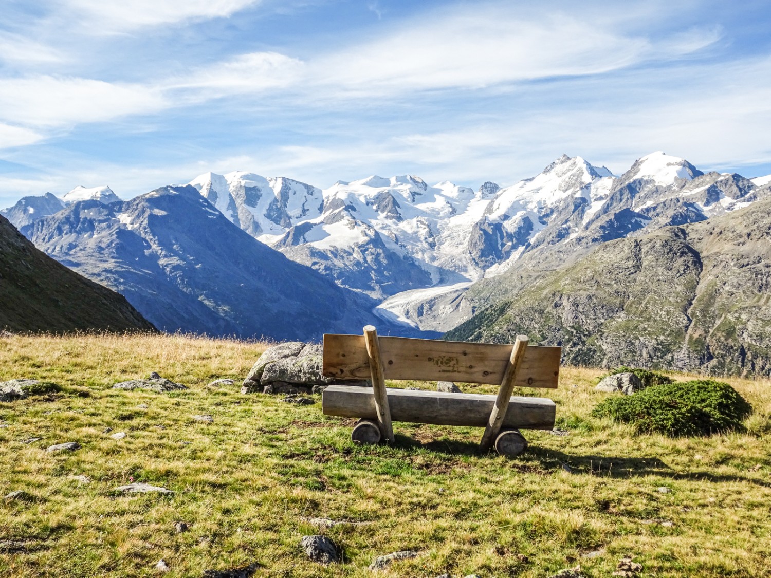 Aussicht ins Berninagebiet beim Aufstieg zur Chamanna Paradis. Bild: Sabine Joss