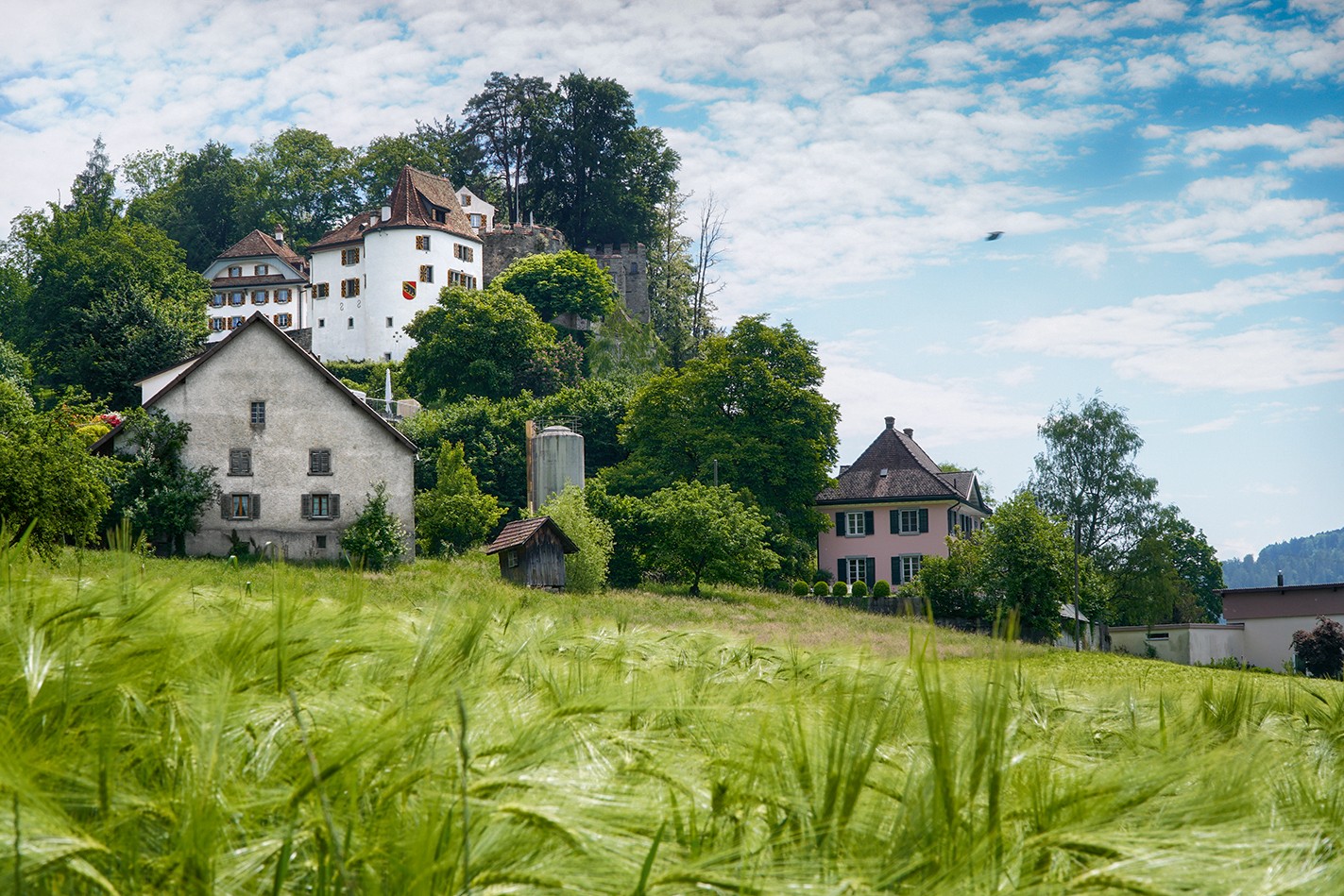 Kurz nach Wanderstart: die Trostburg mit Berner Wappen auf dem weissen Turm. Bilder: Mia Hofmann