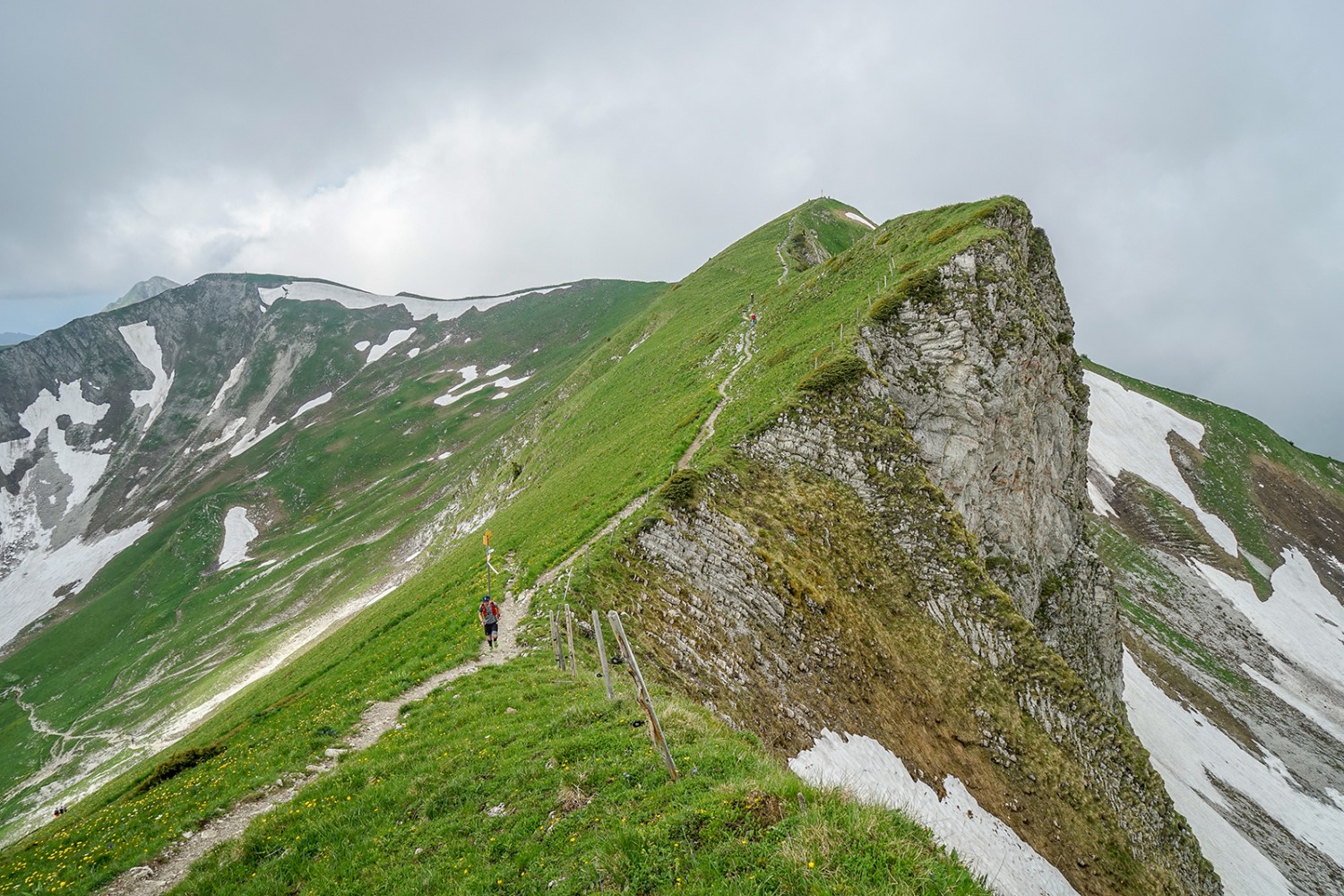 Ein Blick zurück über die Crête de Moléson. Im Frühjahr bleiben an schattigen Stellen noch lange Schneeresten liegen.  Bilder: Fredy Joss