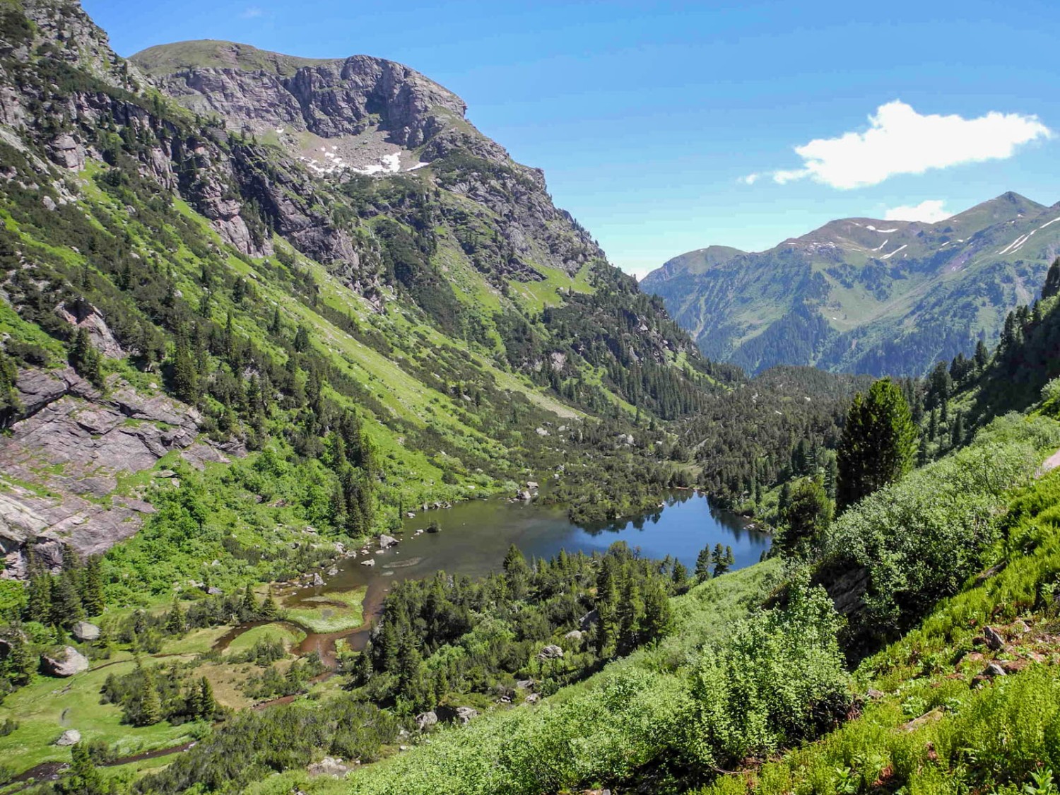 Sicht auf den Unteren Murgsee, die Schwemmebene, den Arvenwald. Nicht umsonst ist dies eine Landschaft von nationaler Bedeutung. Bild: Elsbeth Flüeler