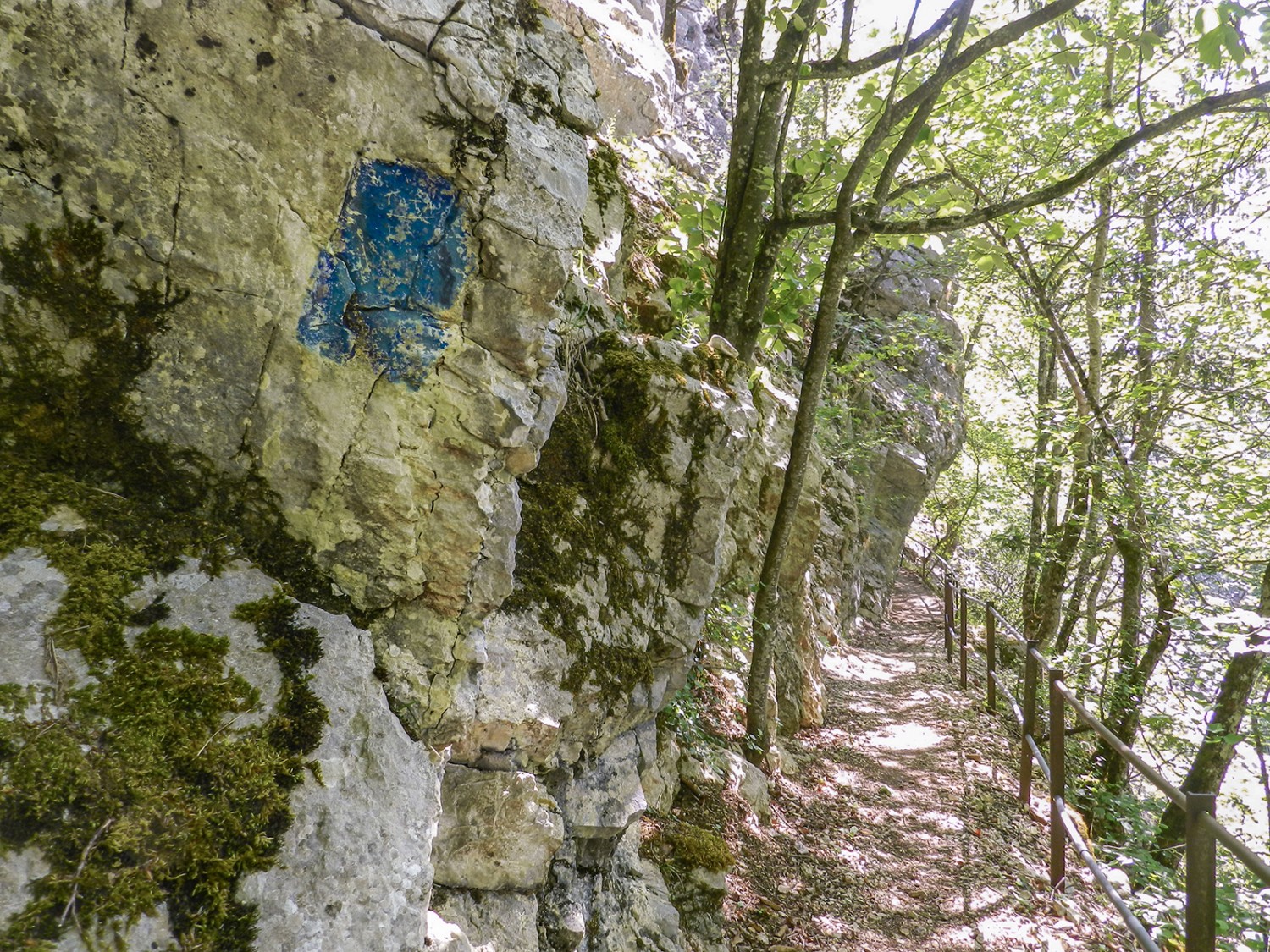 Des rectangles bleus au lieu des losanges jaunes: traces de balisage historique entre Champ-du-Moulin et Chambrelien.