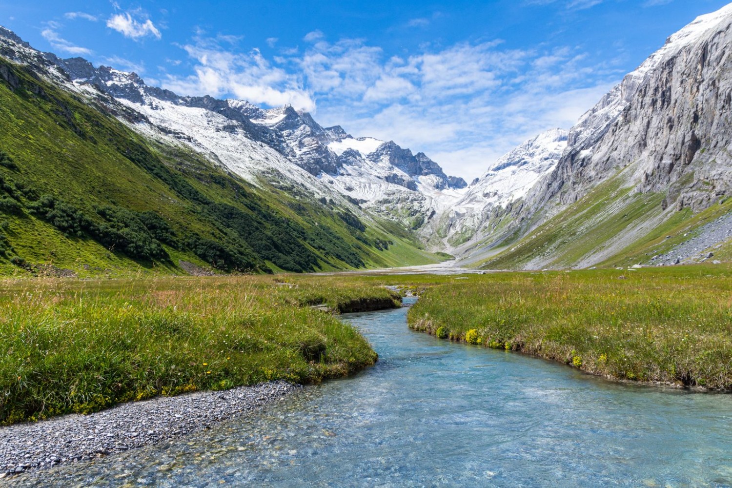 Le Val Frisal traversé du ruisseau de montagne Flem, encore petit.