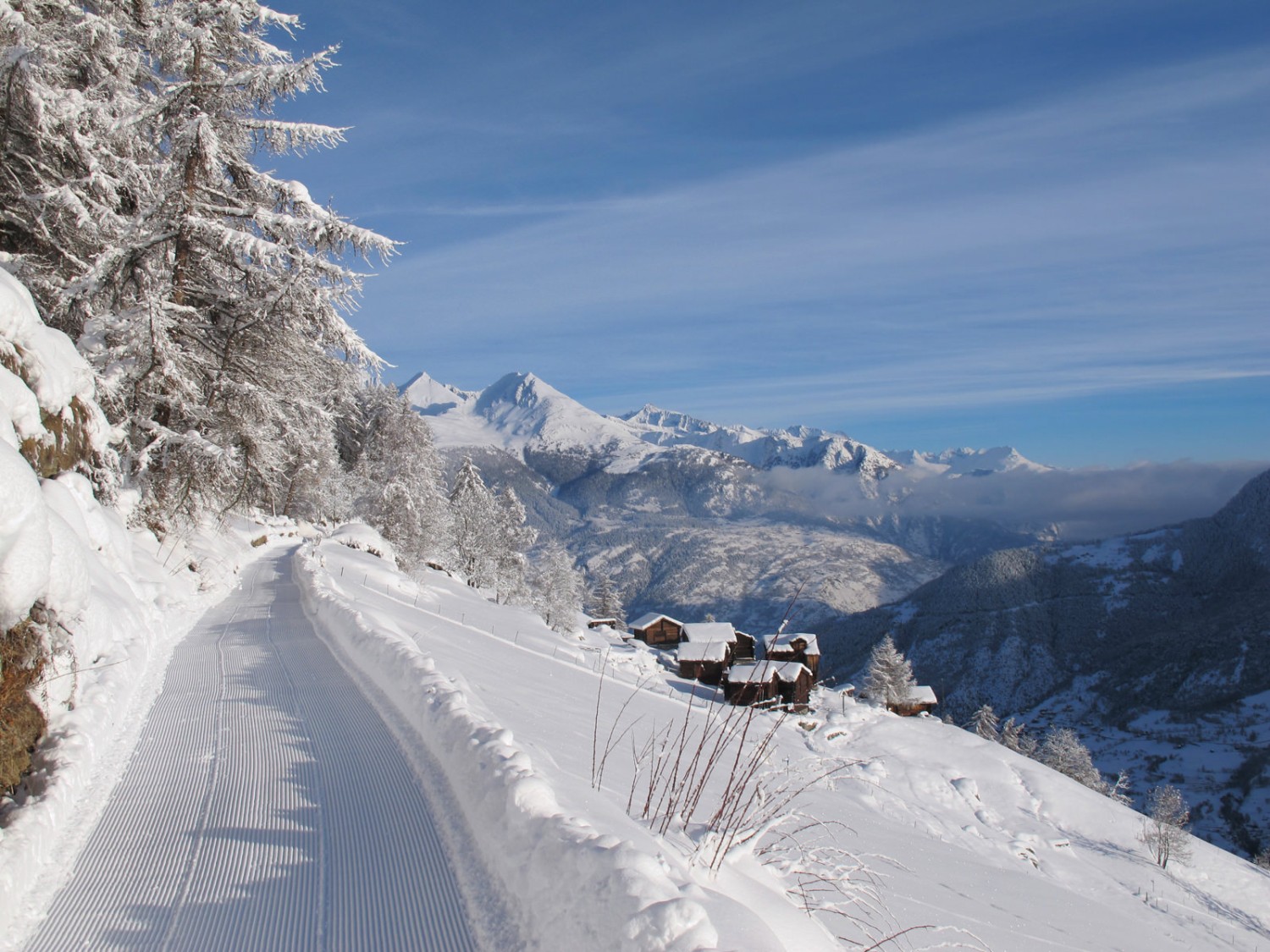 Die Route zieht sich nun während fast einer Stunde zwischen Nadelbäumen dahin. Bild: Bürchen Unterbäch Tourismus