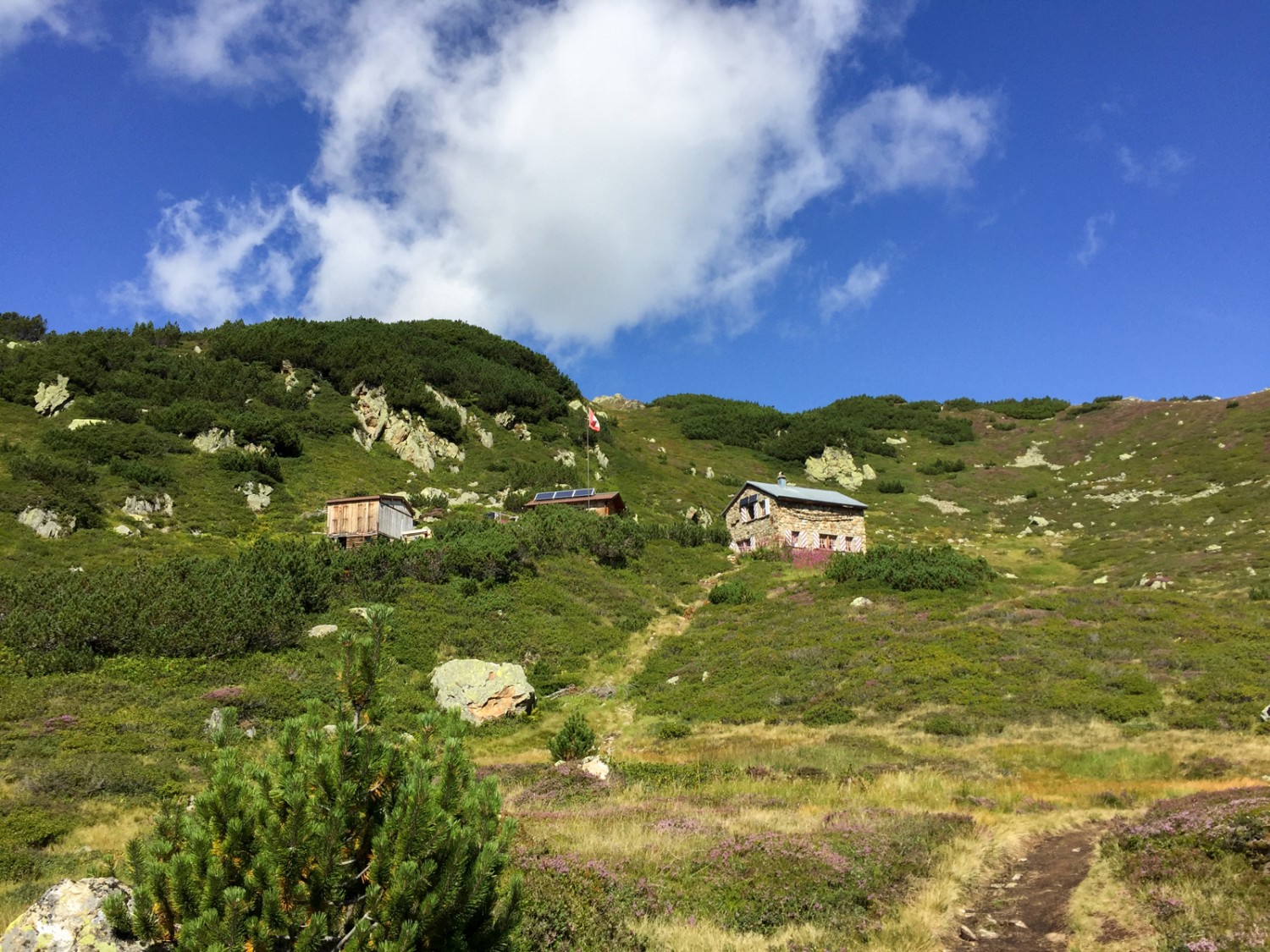 La cabane du Sunniggrathütte invite les randonneurs à manger et à boire et peut-être même à se baigner dans le lac. Photo: Vera In-Albon